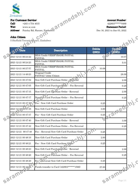 Zimbabwe Standard Chartered Bank statement
